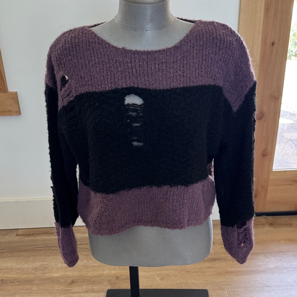 Disturbia Purple and Black Distressed Crew Neck Sweater